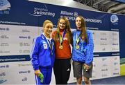 14 August 2018; Medallists in the Women's 100m Breaststroke SB12 Final, from left, silver medallist Karolina Pelendritou of Cyprus, gold medallist Elena Krawzow of Germany, and bronze medallist Anastasiya Zudzilava of Belaruas, during day two of the World Para Swimming Allianz European Championships at the Sport Ireland National Aquatic Centre in Blanchardstown, Dublin. Photo by Seb Daly/Sportsfile