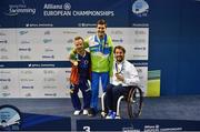 14 August 2018; Medallists in the Men's 50m Freestyle S4 Final, from left, joint gold medallists Arnost Petracek of Czech Republic, Arnost Petracek of Slovenia and silver medallist David Smetanine of France, during day two of the World Para Swimming Allianz European Championships at the Sport Ireland National Aquatic Centre in Blanchardstown, Dublin. Photo by Seb Daly/Sportsfile
