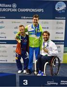 14 August 2018; Medallists in the Men's 50m Freestyle S4 Final, from left, joint gold medallists Arnost Petracek of Czech Republic, Arnost Petracek of Slovenia and silver medallist David Smetanine of France, during day two of the World Para Swimming Allianz European Championships at the Sport Ireland National Aquatic Centre in Blanchardstown, Dublin. Photo by Seb Daly/Sportsfile