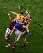 28 July 2018; Conor Whelan, left, and Shane Cooney of Galway in action against Jack Browne, left, and Jamie Shanahan of Clare during the GAA Hurling All-Ireland Senior Championship semi-final match between Galway and Clare at Croke Park in Dublin. Photo by Ramsey Cardy/Sportsfile