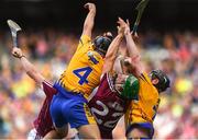 28 July 2018; Jack Browne and Jamie Shanahan of Clare in action against Johnny Coen and Shane Cooney of Galway during the GAA Hurling All Ireland Senior Championship semi-final match between Galway and Clare at Croke Park in Dublin. Photo by David Fitzgerald/Sportsfile