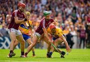 5 August 2018; Peter Duggan of Clare in action against Jonathan Glynn, left, and Niall Burke of Galway during the GAA Hurling All-Ireland Senior Championship semi-final replay match between Galway and Clare at Semple Stadium in Thurles, Co Tipperary. Photo by Brendan Moran/Sportsfile