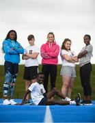 15 August 2018; Ireland’s World Championships Relay Heroes Ciara Neville, Gina Akpe Moses and Patience Jumbo Gula at the launch Aldi Community Games’ National Festival. Pictured at the launch are, from left, Patience Jumbo Gula, Josh Bowland, age 12, from Crecora, Co. Limerick, Ciara Neville, Courtney Donovan, age 13 from Shanagolden Co. Limerick, Gina Akpe Moses and Denis Matthews, centre, age 12, from Raheen Co. Limerick at the new state of the art athletics track in UL, Limerick. Photo by Eóin Noonan/Sportsfile