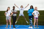 15 August 2018; Ireland’s World Championships Relay Heroes Ciara Neville, Gina Akpe Moses and Patience Jumbo Gula at the launch Aldi Community Games’ National Festival. Pictured at the launch are, from left, Courtney Donovan, age 13, from Shanagolden Co. Limerick, Gina Akpe Moses, Emma Moroney, age 14, from Shanagolden Co. Limerick, Patience Jumbo Gula and Leah Moloney, age 12, from Martinstown Kilfinnen Co. Limerick, at the new state of the art athletics track in UL, Limerick. Photo by Eóin Noonan/Sportsfile