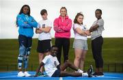 15 August 2018; Ireland’s World Championships Relay Heroes Ciara Neville, Gina Akpe Moses and Patience Jumbo Gula at the launch Aldi Community Games’ National Festival. Pictured at the launch are, from left, Patience Jumbo Gula, Josh Bowland, age 12, from Crecora, Co. Limerick, Ciara Neville, Courtney Donovan, age 13 from Shanagolden Co. Limerick, Gina Akpe Moses and Denis Matthews, centre, age 12, from Raheen Co. Limerick, at the new state of the art athletics track in UL, Limerick. Photo by Eóin Noonan/Sportsfile