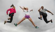 15 August 2018; Ireland’s World Championships Relay Heroes Ciara Neville, Gina Akpe Moses and Patience Jumbo Gula at the launch Aldi Community Games’ National Festival. Pictured at the launch are, from left, Ciara Neville, Leah Moloney, age 12, from Martinstown Kilfinnen Co. Limerick, and Gina Akpe Moses at the new state of the art athletics track in UL, Limerick. Photo by Eóin Noonan/Sportsfile