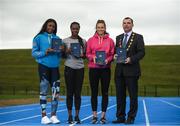 15 August 2018; Ireland’s World Championships Relay Heroes Ciara Neville, Gina Akpe Moses and Patience Jumbo Gula at the launch Aldi Community Games’ National Festival. Pictured at the launch are, from left, Patience Jumbo Gula, Gina Akpe Moses and Ciara Neville with Limerick Lord Mayor James Collins at the new state of the art athletics track in UL, Limerick. Photo by Eóin Noonan/Sportsfile