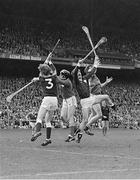 7 September 1980; Niall McInerney, left, and Seán Silke of Galway, in action against Eamonn Cregan, left, and Joe McKenna of Limerick, during the All Ireland Hurling Final, Galway v Limerick, Croke Park, Dublin. Photo by Ray McManus/Sportsfile