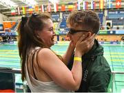 15 August 2018; Swimmer Sean O'Riordan of Ireland is congratulated by his mother Maria after setting a new personal best during his morning heat, and following his excellent Leaving Cert results, during day three of the World Para Swimming Allianz European Championships at the Sport Ireland National Aquatic Centre in Blanchardstown, Dublin. Photo by Seb Daly/Sportsfile