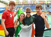 15 August 2018; Swimmer Sean O'Riordan of Ireland, centre, is congratulated by his mother Maria and brothers Cian, left, and Stephen, right, after setting a new personal best during his morning heat, and following his excellent Leaving Cert results, during day three of the World Para Swimming Allianz European Championships at the Sport Ireland National Aquatic Centre in Blanchardstown, Dublin. Photo by Seb Daly/Sportsfile