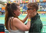 15 August 2018; Swimmer Sean O'Riordan of Ireland is congratulated by his mother Maria after setting a new personal best during his morning heat, and following his excellent Leaving Cert results, during day three of the World Para Swimming Allianz European Championships at the Sport Ireland National Aquatic Centre in Blanchardstown, Dublin. Photo by Seb Daly/Sportsfile