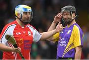 14 August 2018;  Johnny Smacks, one half of The 2 Johnnies, representing Davy Russell’s Best, with JJ Delaney, former Kilkenny hurler, representing Jim Bolger’s Stars, during the seventh annual Hurling for Cancer Research game, a celebrity hurling match in aid of the Irish Cancer Society at St Conleth’s Park, in Newbridge. The event, organised by legendary racehorse trainer Jim Bolger and National Hunt jockey Davy Russell, has raised €700,000 to date to fund the Irish Cancer Society’s innovative cancer research projects. The final score was: Davy Russell’s Best 5-20 to Jim Bolger’s Stars: 6-12. Photo by Piaras Ó Mídheach/Sportsfile