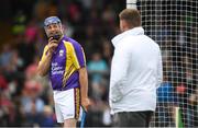 14 August 2018; Damien Fitzhenry, former Wexford hurler, representing Jim Bolger’s Stars, in conversation with Leinster and Ireland rugby player Tadhg Furlong, acting as umpire, during the seventh annual Hurling for Cancer Research game, a celebrity hurling match in aid of the Irish Cancer Society at St Conleth’s Park, in Newbridge. The event, organised by legendary racehorse trainer Jim Bolger and National Hunt jockey Davy Russell, has raised €700,000 to date to fund the Irish Cancer Society’s innovative cancer research projects. The final score was: Davy Russell’s Best 5-20 to Jim Bolger’s Stars: 6-12. Photo by Piaras Ó Mídheach/Sportsfile