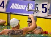 15 August 2018; Illia Yaremenko of Ukraine is congratulated after winning the Men's 50m Freestyle S12 final by team-mate and second place finisher Iaroslav Denysenko of Ukraine during day three of the World Para Swimming Allianz European Championships at the Sport Ireland National Aquatic Centre in Blanchardstown, Dublin. Photo by Seb Daly/Sportsfile