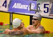 15 August 2018; Illia Yaremenko of Ukraine is congratulated after winning the Men's 50m Freestyle S12 final by team-mate and second place finisher Iaroslav Denysenko of Ukraine during day three of the World Para Swimming Allianz European Championships at the Sport Ireland National Aquatic Centre in Blanchardstown, Dublin. Photo by Seb Daly/Sportsfile