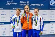 15 August 2018; Medallists in the Women's 400m Freestyle S11 final event, from left, silver medallist Cecilia Camellini of Italy, gold medallist Liesette Bruinsma of Netherlands, and bronze medallist Martina Rabbolini of Italy, during day three of the World Para Swimming Allianz European Championships at the Sport Ireland National Aquatic Centre in Blanchardstown, Dublin.  Photo by Seb Daly/Sportsfile