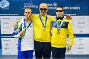 15 August 2018; Medallists in the Men's 400m Freestyle S11 final event, from left, silver medallist Salvatore Urso of Italy, gold medallist Victor Smyrnov of Ukraine, and bronze medallist Mykhailo Serbin of Urkraine, during day three of the World Para Swimming Allianz European Championships at the Sport Ireland National Aquatic Centre in Blanchardstown, Dublin.  Photo by Seb Daly/Sportsfile
