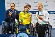 15 August 2018; Medallists in the Women's 100m Breaststroke SB5 final event, from left, silver medallist Sarah Louise Rung of Norway, gold medallist Yelyzaveta Mereshko of Ukraine, and bronze medallist Verena Schott of Germany, during day three of the World Para Swimming Allianz European Championships at the Sport Ireland National Aquatic Centre in Blanchardstown, Dublin.  Photo by Seb Daly/Sportsfile