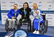 15 August 2018; Medallists in the Women's 100m Breaststroke SB4 final event, from left, silver medallist Giulia Ghiretti of Italy, gold medallist Fanni Illes of Hungary, and bronze medallist Monica Boggioni of Italy, during day three of the World Para Swimming Allianz European Championships at the Sport Ireland National Aquatic Centre in Blanchardstown, Dublin.  Photo by Seb Daly/Sportsfile