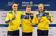 15 August 2018; Medallists in the Men's 50m Freestyle S12 final event, from left, silver medallist Iaroslav Denysenko of Ukraine, gold medallist Illia Yaremenko of Ukraine, and bronze medallist Maksym Veraksa of Ukraine, during day three of the World Para Swimming Allianz European Championships at the Sport Ireland National Aquatic Centre in Blanchardstown, Dublin.  Photo by Seb Daly/Sportsfile