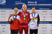 15 August 2018; Medallists in the Men's 50m Freestyle S8 final event, from left, silver medallist Joshua Grob of Switzerland, gold medallist Michal Golus of Poland, and bronze medallist Sergio Salvador Martos Minguet of Spain, during day three of the World Para Swimming Allianz European Championships at the Sport Ireland National Aquatic Centre in Blanchardstown, Dublin.  Photo by Seb Daly/Sportsfile