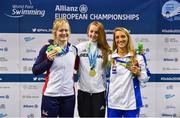 15 August 2018; Medallists in the Women's 50m Freestyle S12 final event, from left, joint-gold medallist Hannah Russell of Great Britain, joint-gold medallist Elena Krawzow of Germany, and bronze medallist Alessia Berra of Italy, during day three of the World Para Swimming Allianz European Championships at the Sport Ireland National Aquatic Centre in Blanchardstown, Dublin.  Photo by Seb Daly/Sportsfile