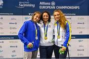 15 August 2018; Medallists in the Women's 50m Freestyle S8 final event, from left, silver medallist Xenia Francesca Palazzo of Italy, gold medallist Claire Supiot of France, and bronze medallist Kateryna Denysenko of Ukraine, during day three of the World Para Swimming Allianz European Championships at the Sport Ireland National Aquatic Centre in Blanchardstown, Dublin.  Photo by Seb Daly/Sportsfile