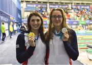 15 August 2018; Gold medallist Bethany Firth of Great Britain, left, and silver medallist, Jessica-Jane Applegate of Great Britain with their medals from the Women's 100m Backstroke S14 final event during day three of the World Para Swimming Allianz European Championships at the Sport Ireland National Aquatic Centre in Blanchardstown, Dublin.  Photo by Seb Daly/Sportsfile