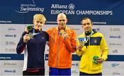 15 August 2018; Medallists in the Men's 100m Backstroke S14 final event, from left, silver medallist Jordan Catchpole of Great Britain, gold medallist Marc Evers of Netherlands, and bronze medallist Vasyl Krainyk of Ukraine, during day three of the World Para Swimming Allianz European Championships at the Sport Ireland National Aquatic Centre in Blanchardstown, Dublin.  Photo by Seb Daly/Sportsfile