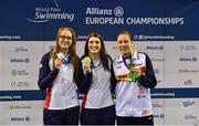 15 August 2018; Medallists in the Women's 100m Backstroke S14 final event, from left, silver medallist Jessica-Jane Applegate of Great Britain, gold medallist Bethany Firth of Great Britain, and bronze medallist Eva Coronado Tejeda of Spain, during day three of the World Para Swimming Allianz European Championships at the Sport Ireland National Aquatic Centre in Blanchardstown, Dublin.  Photo by Seb Daly/Sportsfile