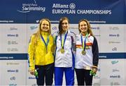 15 August 2018; Medallists in the Women's 200m Individual Medley SM13 final event, from left, silver medallist Anna Stetsenko of Ukraine, gold medallist Carlotta Gilli of Italy, and bronze medallist Ariadna Edo Beltran of Spain, during day three of the World Para Swimming Allianz European Championships at the Sport Ireland National Aquatic Centre in Blanchardstown, Dublin.  Photo by Seb Daly/Sportsfile