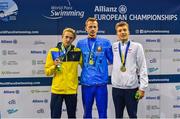 15 August 2018; Medallists in the Men's 200m Individual Medley SM13 final event, from left, silver medallist Kyrylo Garashchenko of Ukraine, gold medallist Ihar Boki of Belarus, and bronze medallist Alex Portal of France, during day three of the World Para Swimming Allianz European Championships at the Sport Ireland National Aquatic Centre in Blanchardstown, Dublin.  Photo by Seb Daly/Sportsfile