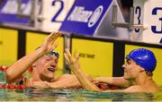 15 August 2018; Andreas Skaar Bjornstad of Norway, left, who finished second, congratulates first place finisher Ievgenii Bogodaiko of Ukraine after the Men's 100m Breaststroke SB6 final event during day three of the World Para Swimming Allianz European Championships at the Sport Ireland National Aquatic Centre in Blanchardstown, Dublin. Photo by Seb Daly/Sportsfile