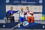 15 August 2018; Medallists in the Men's 50m Breaststroke SB3 event, from left, silver medallist Ami Omer Dadaon of Isreal, gold medallist Efrem Morelli of Italy, and bronze medallist Andreas Ernhofer of Austria, during day three of the World Para Swimming Allianz European Championships at the Sport Ireland National Aquatic Centre in Blanchardstown, Dublin.  Photo by Seb Daly/Sportsfile