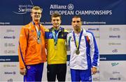 15 August 2018; Medallists in the Men's 400m Freestyle S10 final event, from left, silver medallist Bas Takken of Netherlands, gold medallist Maksym Krypak of Ukraine, and bronze medallist Stefano Raimondi of Italy, during day three of the World Para Swimming Allianz European Championships at the Sport Ireland National Aquatic Centre in Blanchardstown, Dublin.  Photo by Seb Daly/Sportsfile