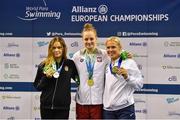 15 August 2018; Medallists in the Women's 400m Freestyle S10 final event, from left, silver medallist Bianka Pap of Hungary, gold medallist Oliwia Jablonska of Poland, and bronze medallist Elodie Lorandi of France, during day three of the World Para Swimming Allianz European Championships at the Sport Ireland National Aquatic Centre in Blanchardstown, Dublin.  Photo by Seb Daly/Sportsfile