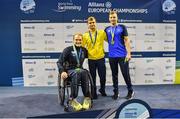 15 August 2018; Medallists in the Men's 100m Breaststroke SB6 event, from left, silver medallist Andreas Skaar Bjornstad of Norway, gold medallist Ievgenii Bogodaiko of Ukraine, and bronze medallist Mark Malyar of Isreal, during day three of the World Para Swimming Allianz European Championships at the Sport Ireland National Aquatic Centre in Blanchardstown, Dublin.  Photo by Seb Daly/Sportsfile