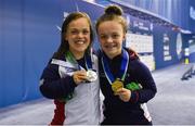 15 August 2018; Medallists in the Women's 100m Breaststroke SB6 final event, silver medallist Eleanor Simmonds of Great Britain, left, and gold medallist Maisie Summers-Newton of Great Britain during day three of the World Para Swimming Allianz European Championships at the Sport Ireland National Aquatic Centre in Blanchardstown, Dublin.  Photo by Seb Daly/Sportsfile