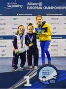 15 August 2018; Medallists in the Women's 100m Breaststroke SB6 final event, from left, silver medallist Eleanor Simmonds of Great Britain, gold medallist Maisie Summers-Newton of Great Britain, and bronze medallist Viktoriia Savtsova of Ukraine, during day three of the World Para Swimming Allianz European Championships at the Sport Ireland National Aquatic Centre in Blanchardstown, Dublin.  Photo by Seb Daly/Sportsfile