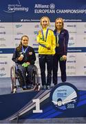 15 August 2018; Medallists in the Women's 100m Breaststroke SB7 final event, from left, silver medallist Vendula Duskova of Czech Republic, gold medallist Oksana Khrul of Ukraine, and bronze medallist Megan Richter of Great Britain, during day three of the World Para Swimming Allianz European Championships at the Sport Ireland National Aquatic Centre in Blanchardstown, Dublin.  Photo by Seb Daly/Sportsfile