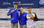 15 August 2018; Medallists in the Men's 100m Butterfly S9 final event, from left, silver medallist Simone Barlaam of Italy, gold medallist Federico Morlacchi of Italy, and bronze medallist Jose Antonio Mari Alcaraz of Spain, during day three of the World Para Swimming Allianz European Championships at the Sport Ireland National Aquatic Centre in Blanchardstown, Dublin.  Photo by Seb Daly/Sportsfile