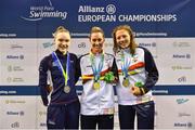 15 August 2018; Medallists in the Women's 100m Butterfly S9 final event, from left, silver medallist Toni Shaw of Great Britain, gold medallist Sarai Gascon of Spain, and bronze medallist Nuria Marques Soto of Spain, during day three of the World Para Swimming Allianz European Championships at the Sport Ireland National Aquatic Centre in Blanchardstown, Dublin.  Photo by Seb Daly/Sportsfile