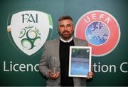 15 August 2018; Greg Yelverton with his certificate during the UEFA Pro Licence Graduation at the Rochestown Park Hotel in Rochestown Rd, Douglas, Co. Cork Photo by Eóin Noonan/Sportsfile