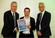 15 August 2018; Colin O'Neill is presented with their certificate by John Delaney, left, CEO, Football Association of Ireland and Ruud Dokter, FAI High Performance Director, during the UEFA Pro Licence Graduation at the Rochestown Park Hotel in Rochestown Rd, Douglas, Co. Cork Photo by Eóin Noonan/Sportsfile