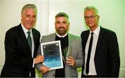 15 August 2018; Greg Yelverton is presented with their certificate by John Delaney, left, CEO, Football Association of Ireland and Ruud Dokter, FAI High Performance Director, during the UEFA Pro Licence Graduation at the Rochestown Park Hotel in Rochestown Rd, Douglas, Co. Cork Photo by Eóin Noonan/Sportsfile