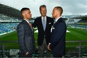 16 August 2018; Boxers Carl Frampton, left, and Luke Jackson with promoter Frank Warren ahead of their interim World Boxing Organisation World Featherweight Title bout at Windsor Park in Belfast. Photo by Ramsey Cardy/Sportsfile