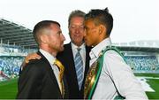 16 August 2018; Boxers Paddy Barnes, left, and Cristofer Rosales with promoter Frank Warren ahead of their World Boxing Council World Flyweight Title  bout at Windsor Park in Belfast. Photo by Ramsey Cardy/Sportsfile