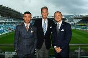 16 August 2018; Boxers Carl Frampton, left, and Luke Jackson with promoter Frank Warren ahead of their interim World Boxing Organisation World Featherweight Title bout at Windsor Park in Belfast. Photo by Ramsey Cardy/Sportsfile