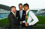 16 August 2018; Boxers Paddy Barnes, left, and Cristofer Rosales with promoter Frank Warren ahead of their World Boxing Council World Flyweight Title  bout at Windsor Park in Belfast. Photo by Ramsey Cardy/Sportsfile
