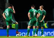 16 August 2018; Cork City players, from left, Garry Buckley, Gearóid Morrissey and Karl Sheppard wait to tipoff after conceding a second goal during the UEFA Europa League 3rd Qualifying Round Second Leg match between Rosenborg and Cork City at Lerkendal Stadion in Trondheim, Norway. Photo by Jon Olav Nesvold/Sportsfile